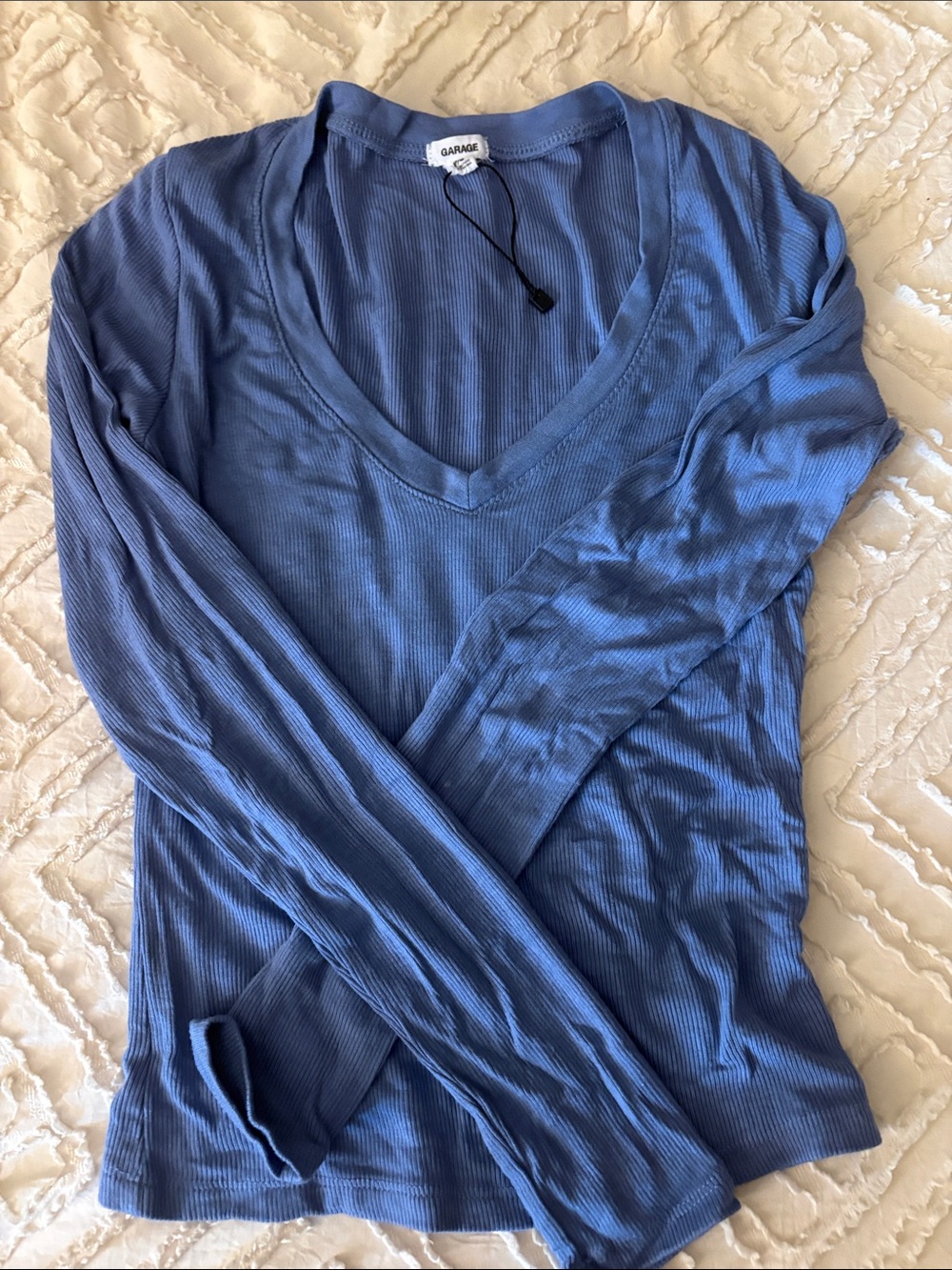 Garage Ribbed V-Neck Long Sleeve Top - Slate Blue